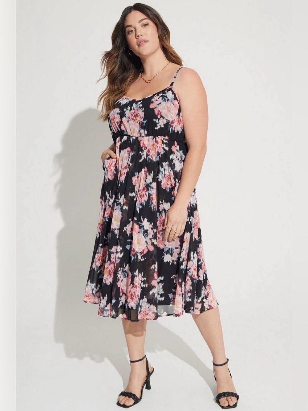 Torrid Womens Midi Chiffon Dress Black Floral Plus Size 1 1X Sleeveless